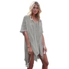 Gray V Neck Crochet Insert Cover Up Dress 